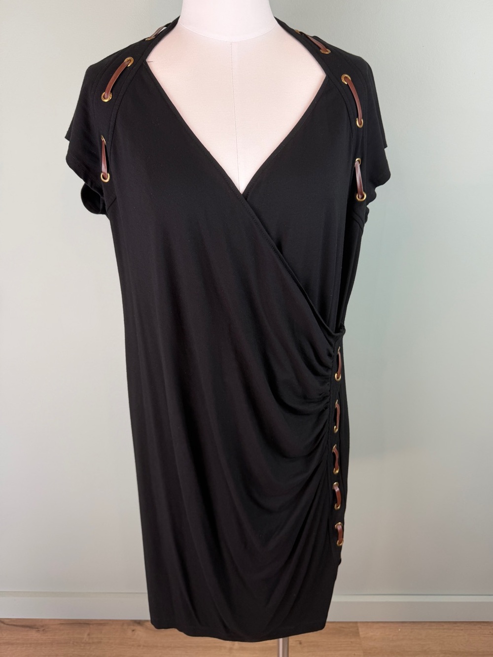 Carmen Marc Valvo Black faux Wrap knit Dress w/ faux leather trim sz 1X western
